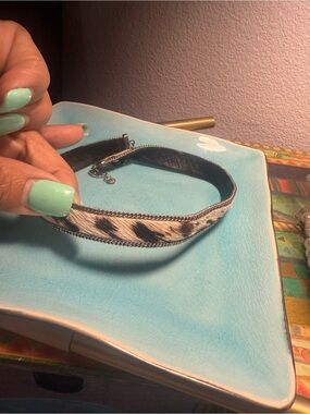 Leather and Haircalf Chevron Accent Choker Necklace - Black/Ivory SS925
